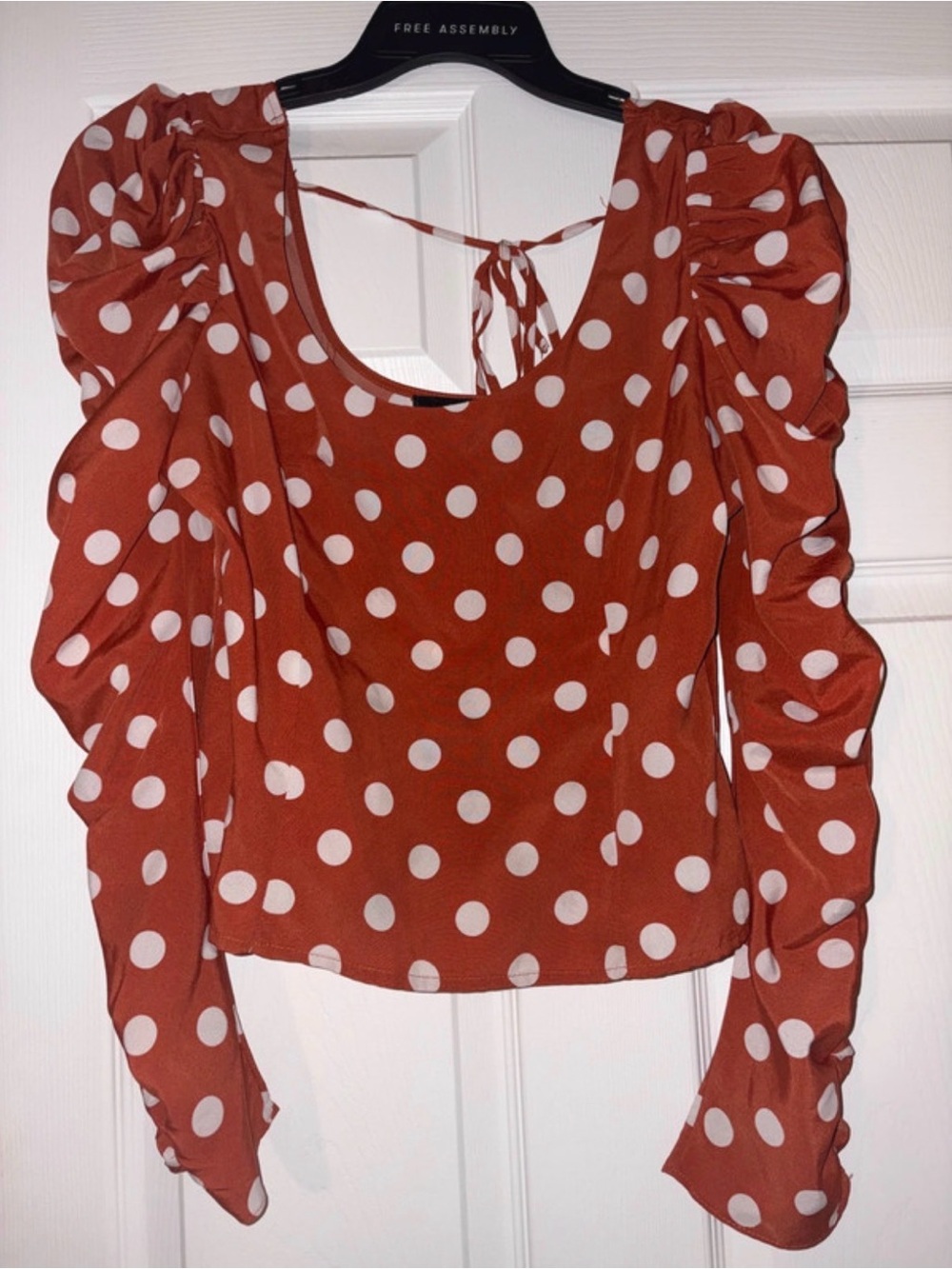 Rust Polka Dot Puff-Sleeve Blouse with Back Tie